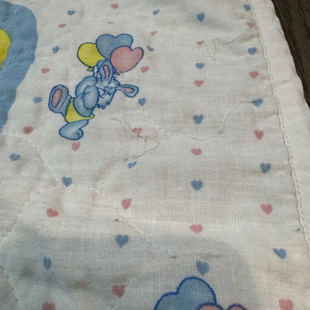 Vintage 80s Bunny Rabbit Balloons Baby Quilt Pastel Colors Nursery Decor Blanket